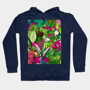 Trendy tropical floral leaves and fruits tropical pattern, pink fuchsia floral illustration over a Hoodie